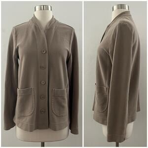 Eileen Fisher Stand Collar Cardigan Jacket Button Front Pockets Cotton Tan Small